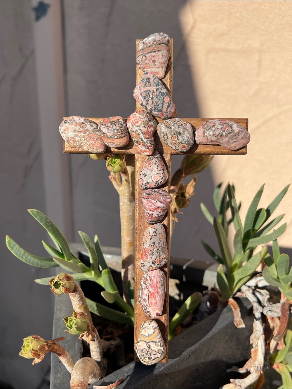 Wooden Cross with Pink and Brown Stone called Leopard Skin Jasper.